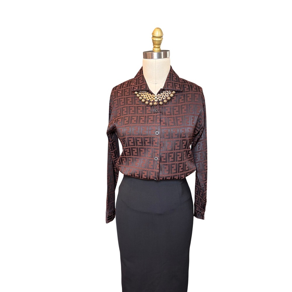 Zucca Monogram Fendi Jeans Button Down Shirt Long Sleeve Brown Vintage